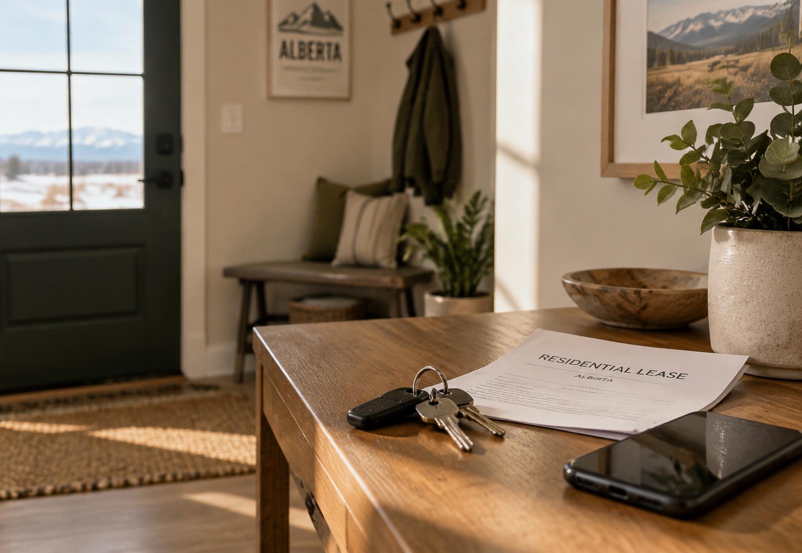 Keys and a residential lease on a table in an Alberta home entryway